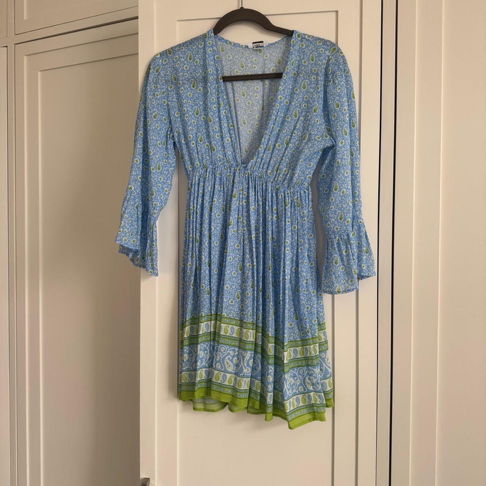 Delfina Swimwear Blue and Green boho v-neck beach coverup dress size small